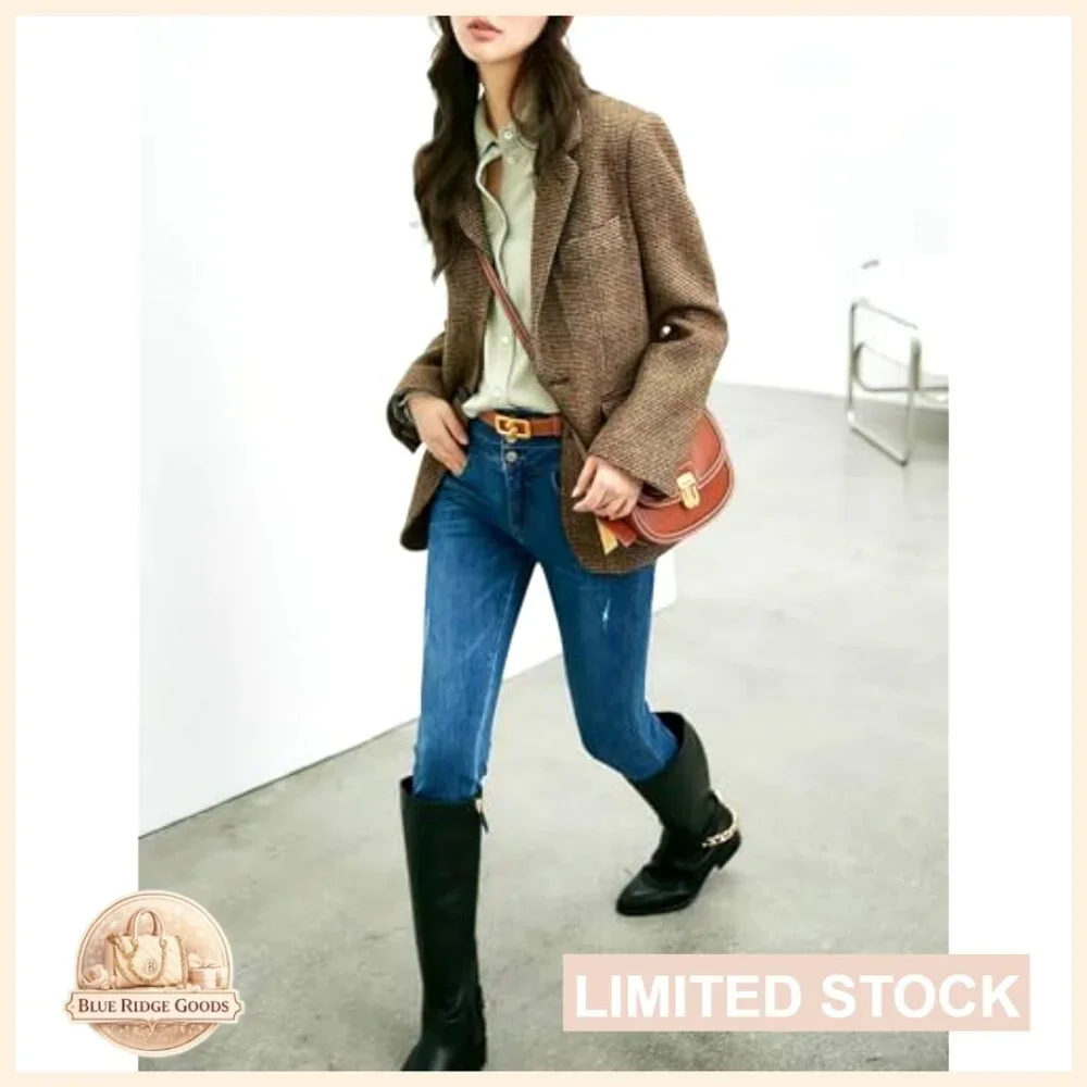 Wool Blend Blazer Classic Plaid Business Casual Work Coat Elegant Retro - Picture 4 of 7